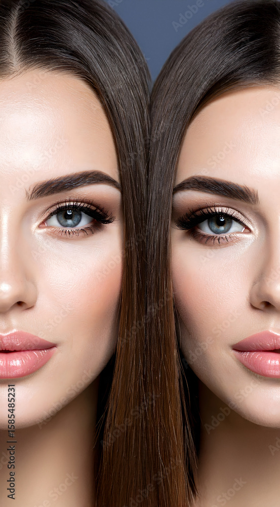 Close-up portrait of a young woman with flawless skin, striking blue eyes, and smooth dark brown hair, featuring elegant makeup and radiant complexion for beauty and skincare inspiration. Close-up portrait of a young woman with flawless skin, striking blue eyes, and smooth dark brown hair, featuring elegant makeup and radiant complexion for beauty and skincare inspiration.