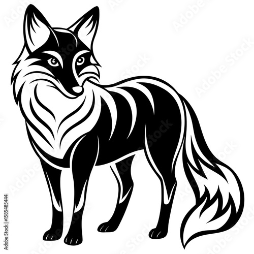 Stylized black fox standing alert with bushy tail silhouette