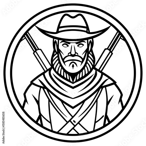Rugged cowboy silhouette with crossed rifles emblem