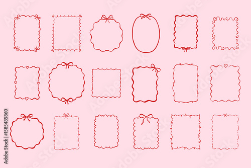 Set of whimsical hand drawn pink color frames with wavy squiggle curly ribbon and bow. Perfect for wedding, birthday or bachelorette party invitations