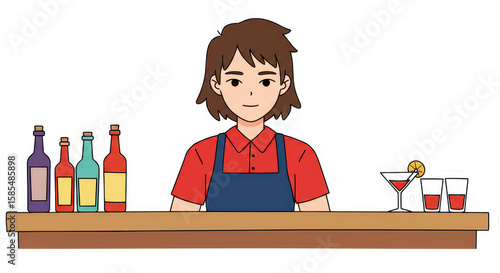 Friendly Cartoon Bartender with Drinks at Bar Illustration
