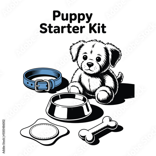 Black and white vector illustration of puppy starter kit including collar teddy bear milk bowl pee pad and bone toy on light background