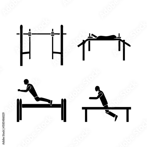 Outdoor Workout Icons. Solid, filled icon set of outdoor bodyweight workouts: park bench dip, step-up, incline push-up, monkey bar