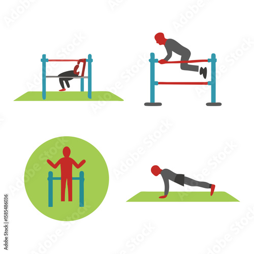 Outdoor Workout Icons. Solid, filled icon set of outdoor bodyweight workouts: park bench dip, step-up, incline push-up, monkey bar