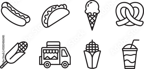 Street Food Icons Set Hot Dog Taco Ice Cream Pretzel Corn Food Truck Drink Linear Pictogram Vector Illustration