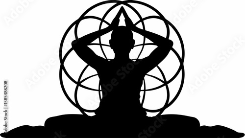 Silhouette of person in yoga pose with hands above head and geometric sphere background design element