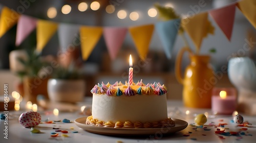 Wallpaper Mural A birthday cake with a single lit candle, surrounded by joyful birthday decorations and a warm celebration atmosphere. Torontodigital.ca