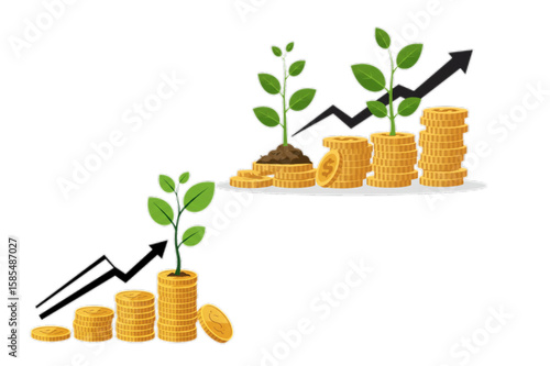 Growing investment concept depicts financial growth with rising coins and plants, symbolizing profits and a positive market trend for business designs.