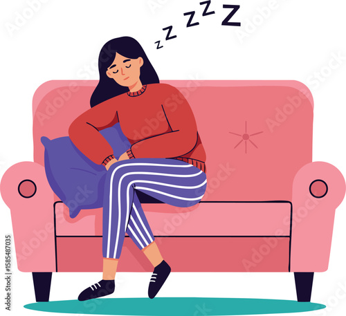 Woman sleeping on pink sofa wearing striped pants and red sweater comfortable rest vector illustration
