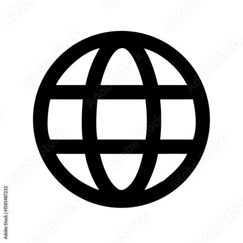 solid black icon of a globe with meridians and parallels, ideal for websites or blogs indicating internet, worldwide, or website navigation. The style is glyph.