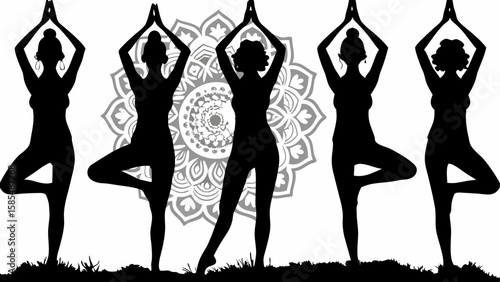 Silhouette of five women in tree pose with hands in prayer position against mandala background design