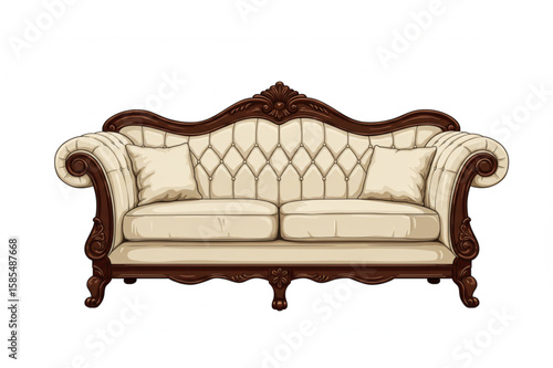 Elegant vintage style sofa featuring carved wood trim and comfortable cushions in a classic design, perfect for luxurious interiors.
