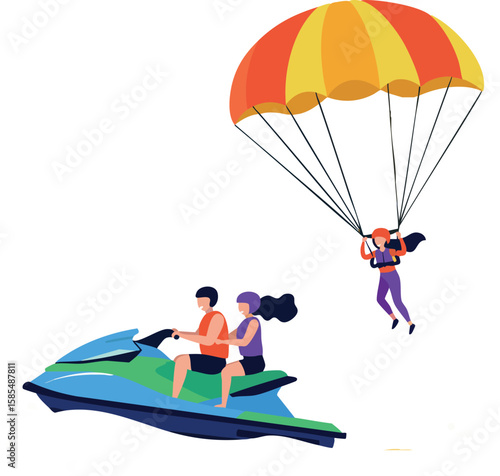Water sports activity with couple riding jet ski and person parasailing with colorful parachute vector illustration