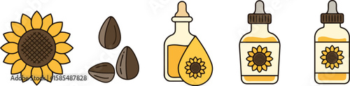 Sunflower and Sunflower Oil Vector Icon Set: Natural Healthy Cooking Oil, Organic Seeds, Healthy Food Ingredient, Beauty Product Symbols.