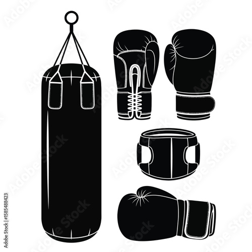 Black and white vector pack of boxing gear including gloves punching bag head guard and wraps