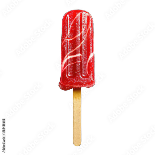 A vibrant red popsicle with white swirls, slightly melted at the bottom, on a wooden stick against a black background
