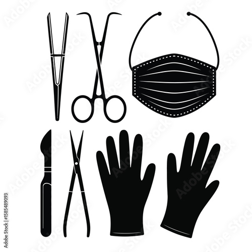 Black and white vector of scalpel surgical scissors forceps PPE mask gloves and face shield for medical and surgical use