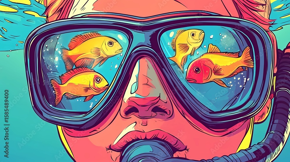 Fototapeta premium World Snorkeling Day illustration, close-up of a snorkeler's face with goggles and breathing tube, reflections of fish in the mask, frontal angle,