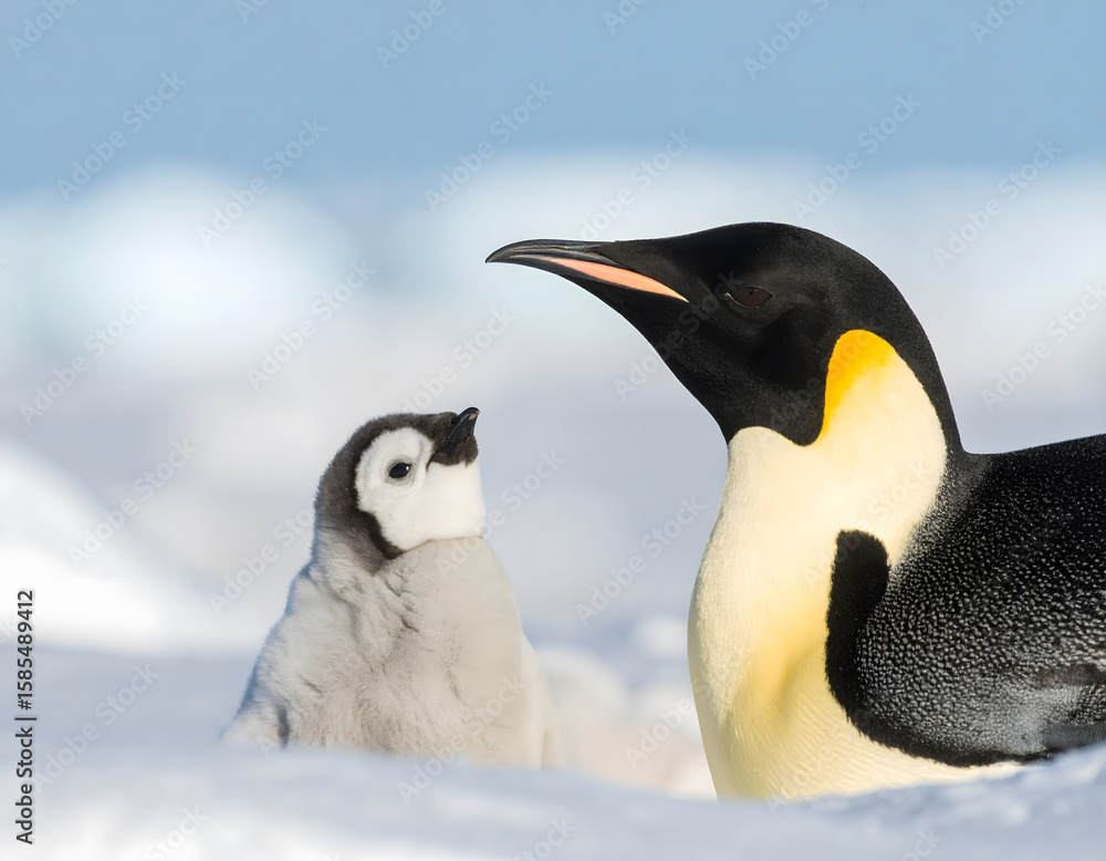 Fototapeta premium A touching close-up portrait of an Emperor penguin showcasing its soft feathers and gentle expression.