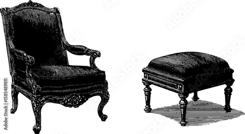 Engraved set of antique chair and upholstered ottoman for vintage interior design