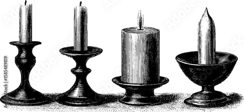 Set of antique candlesticks with engraved design for vintage decor and art projects