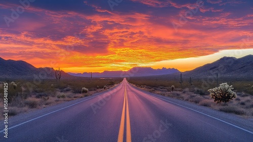 Desert highway with cactus plants at sunset, scenic travel photography for road trip, adventure, or American Southwest themes