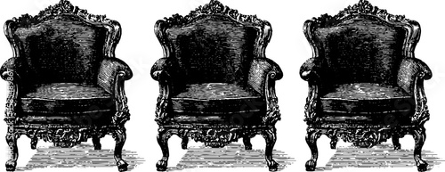 Vintage antique chairs collection with detailed engraving for historical design