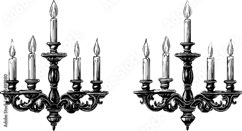 Engraved antique chandeliers illustration set for vintage design projects