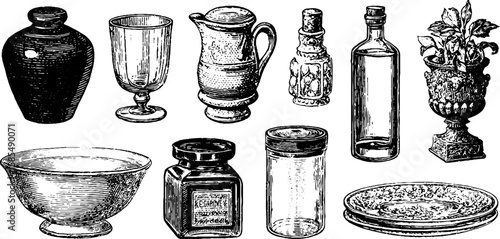Vintage engraved illustration set of antique pottery and glassware
