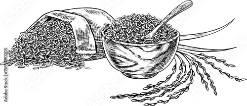 Burlap bag and a wooden bowl with rice or oats, wheat or rye. Black and white graphics, vector illustrations. Design element for menus, recipes, and cookbooks. For banners, flyers, packaging, labels.