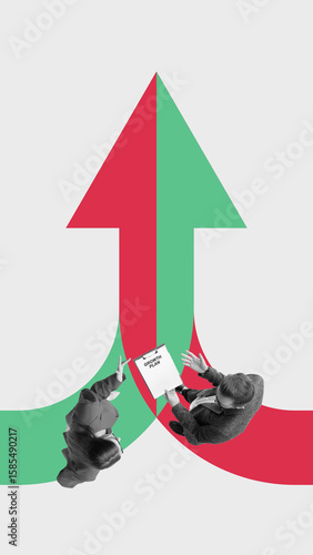 Φωτογραφία Collage of two business paths merging into one growth arrow with cooperative employees below