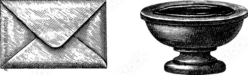 Vintage engraved illustration set featuring antique envelope and decorative bowl