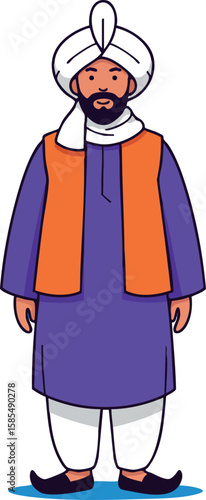 Man wearing traditional South Asian clothing turban purple kurta orange vest standing vector illustration
