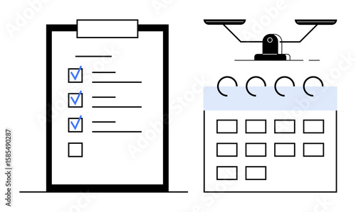 A clipboard with a completed checklist next to a desk calendar showing dates and days of the week. Ideal for planning, productivity, organization, scheduling, workflow, task management, simple flat