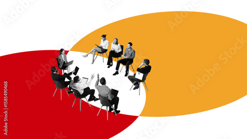Canvastavla Conceptual collage showing business group discussion with intersecting red and orange areas