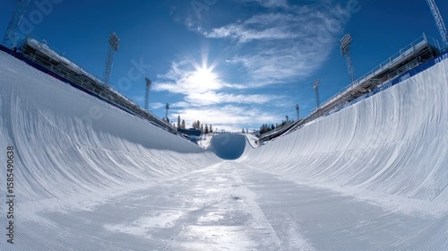 Wide shot of a snow-covered ski ramp, stadium in background, bright sun