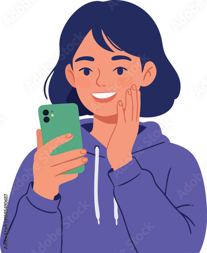 Young woman smiling delighted while looking at smartphone in purple hoodie vector illustration