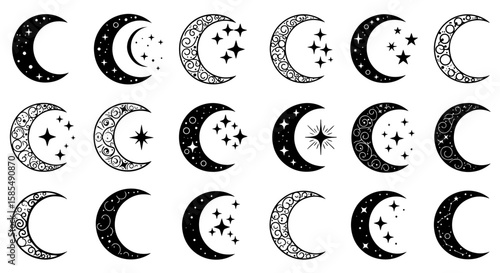 Collection of crescent moon and star illustrations in various black and white styles, featuring ornate designs, constellations, and sparkling elements for celestial and mystical themes.
