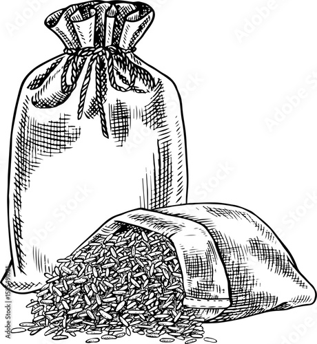 Burlap bags of rice or oats, wheat or rye. Black and white graphics, vector illustrations. Design element for menus, recipes, and cookbooks. For banners, flyers, packaging, labels, and more