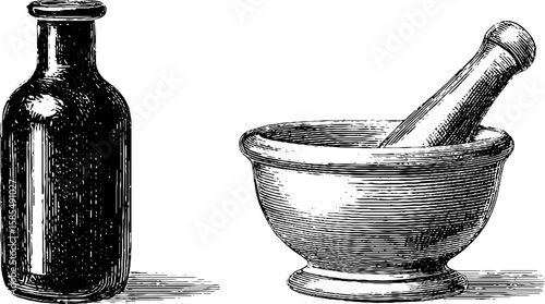 Vintage apothecary bottles and mortar with pestle engraving - antique medical tools illustration for decor and design