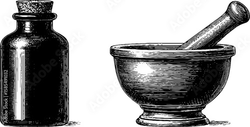 Vintage engraving set of apothecary bottle and mortar with pestle for herbal medicine design