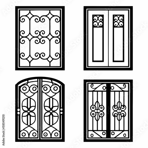 Ornate window designs black and white door gate