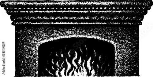 Vintage fireplace engraving with flames for art and craft design