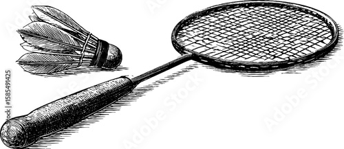 Vintage badminton equipment engraving for sports design and decor