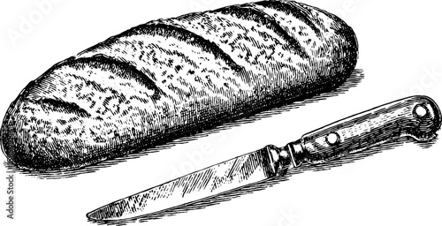 Vintage bakery theme with engraved illustration of baguette loaf and knife for culinary design