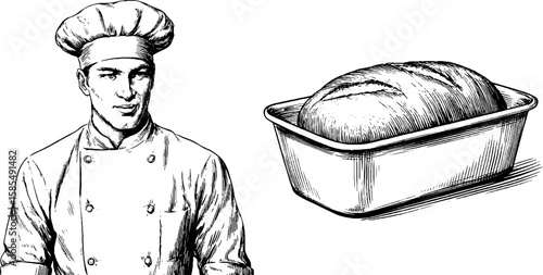 Artisan baker and freshly baked bread loaf engraving design for culinary art projects