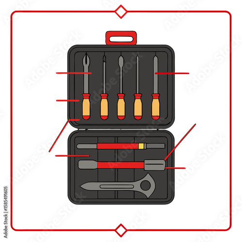 Tool kit with screwdrivers and pliers red handles metal tools