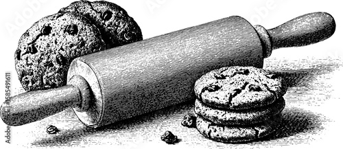 Vintage baking tools and cookies in an engraved style for culinary and kitchen decor