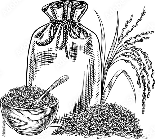 Burlap bags and a wooden bowl with rice or oats, wheat or rye. Black and white graphics, vector illustrations. Design element for menus, recipes, and cookbooks. For banners, flyers, packaging, labels.