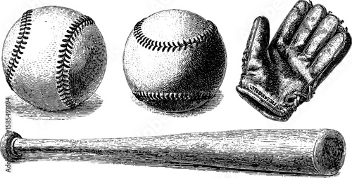 Vintage baseball equipment engraving set featuring ball, bat, and glove for sports design